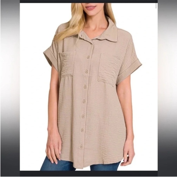 Zenana Tan Boxy Button Down Shirt with Notched Collar - Picture 1 of 7
